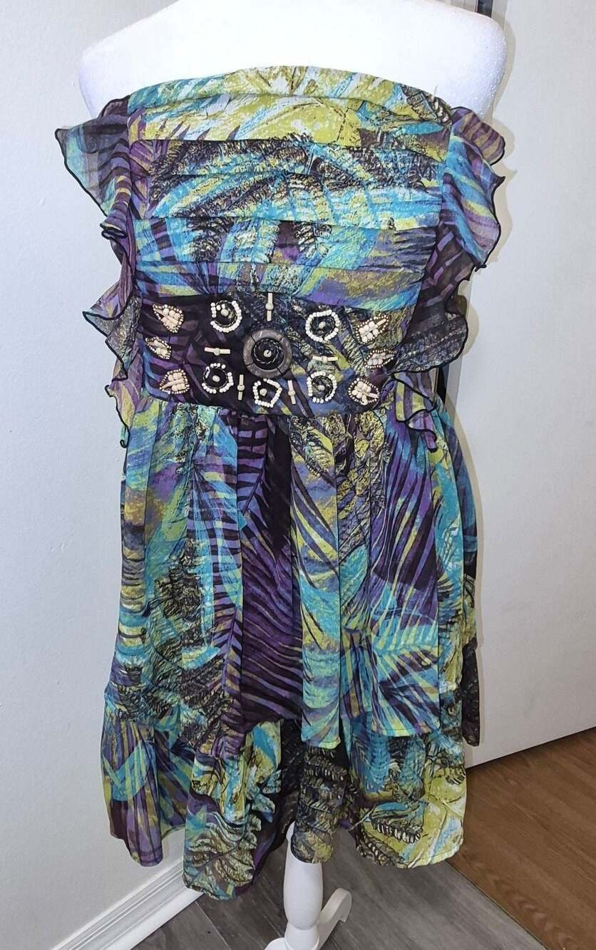 XOXO Multicolor Leaf Print Strapless Ruffle Party Dress with Wooden Bead Detail